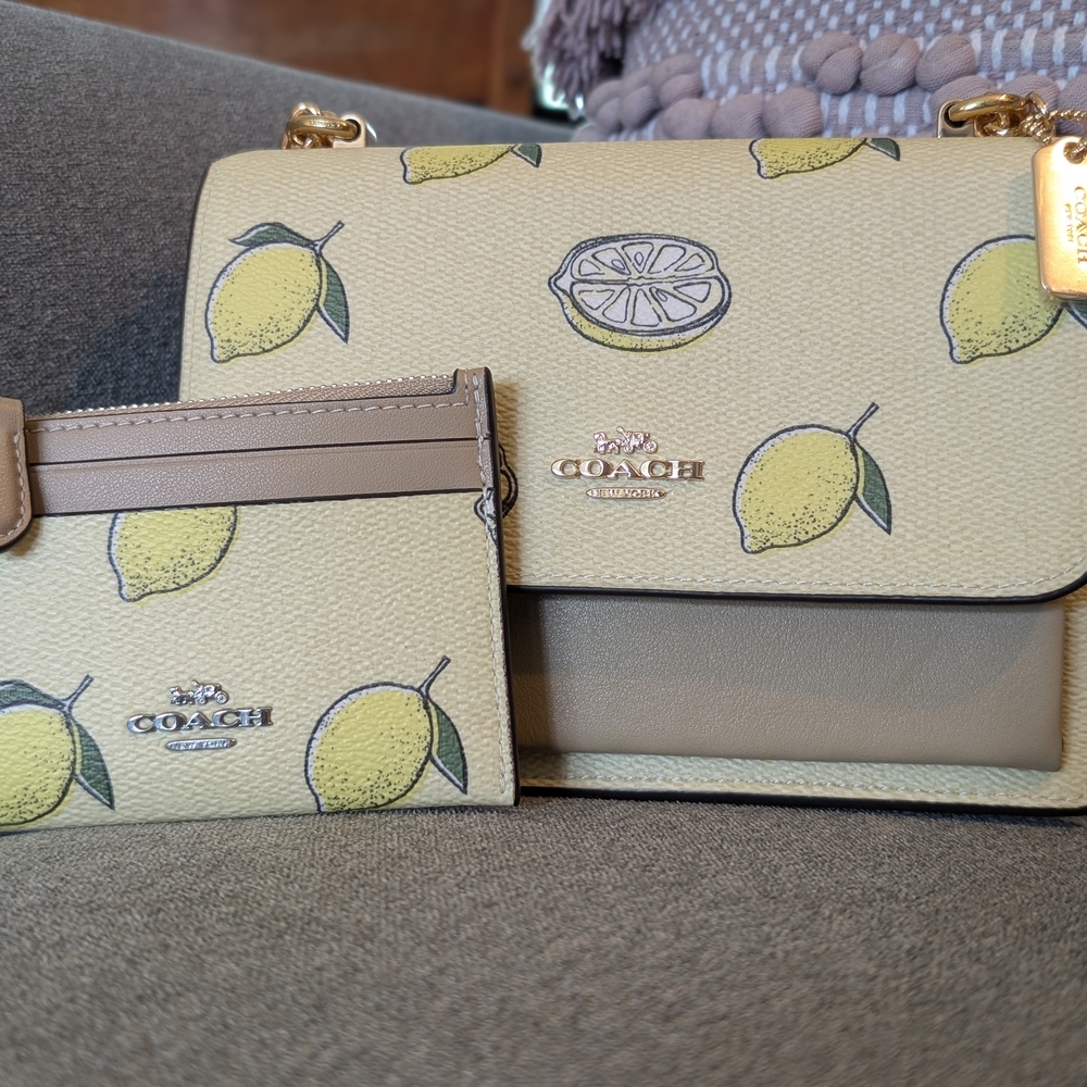 Coach Lemon Print Beige Crossbody Bag and Card Holder